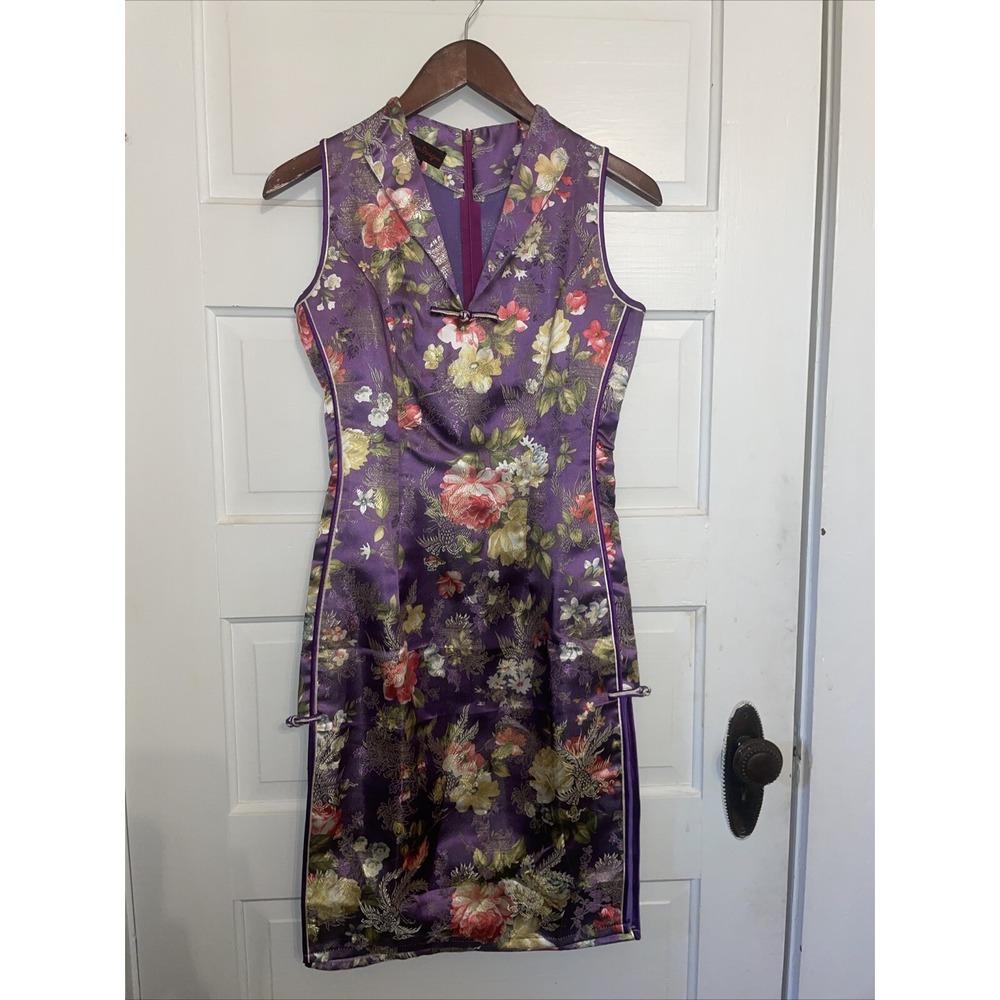 Vintage Purple Satin Embossed Asian Dress XS